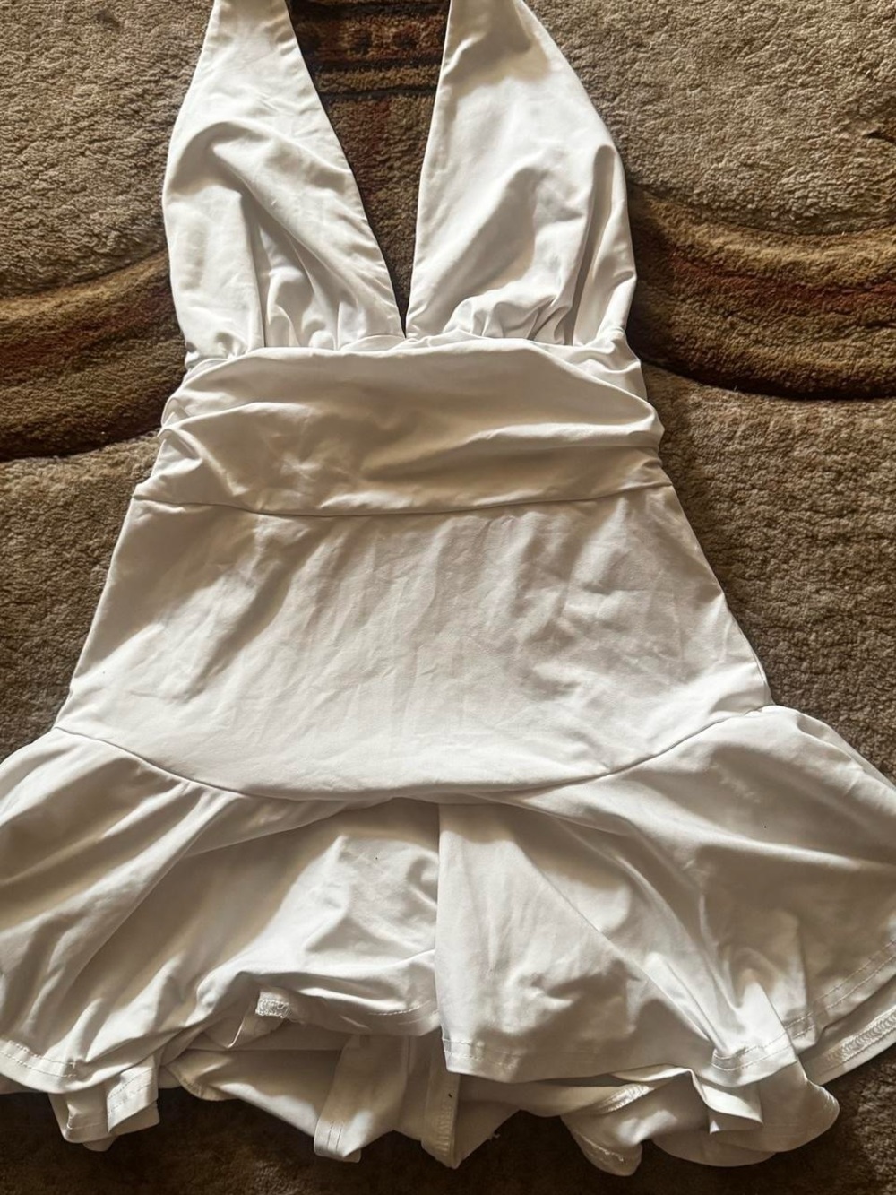 SHEIN White Halter V-Neck Ruffle Hem Mini Dress